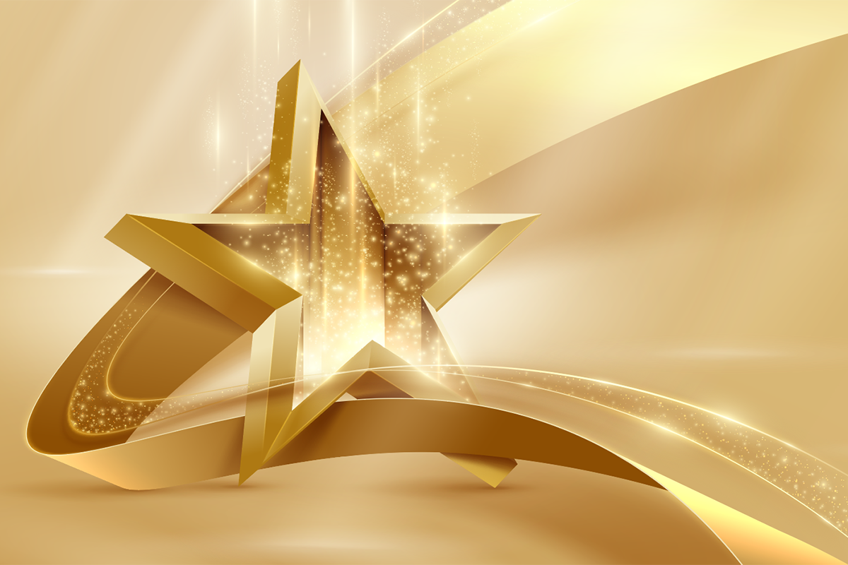 A graphic background with a 3-D star and a swoosh around it, accented with sparkling light.