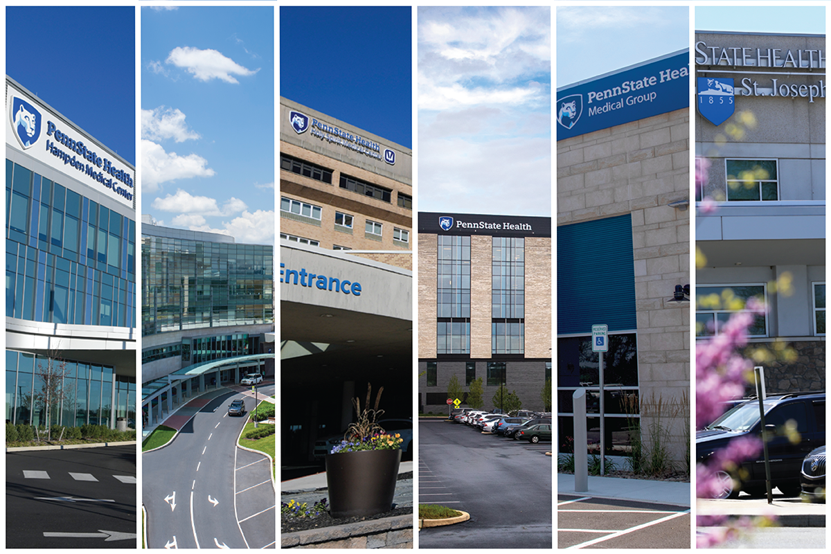 Partial images of each Penn State Health hospital building and a Medical Group location, arranged in columns side-by-side.