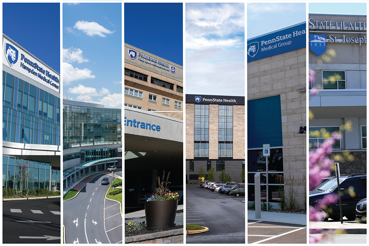 Partial photos of each Penn State Health hospital building and of one Medical Group building, arranged in side-by-side columns.