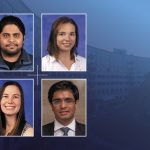 Four professional portraits are boxed over a background of the Crescent Building. On the top row from left are Navaneetha Bharathan and Marina Chulkina. On the bottom row from left are Stephanie Schell and Siddharth Sunilkumar.