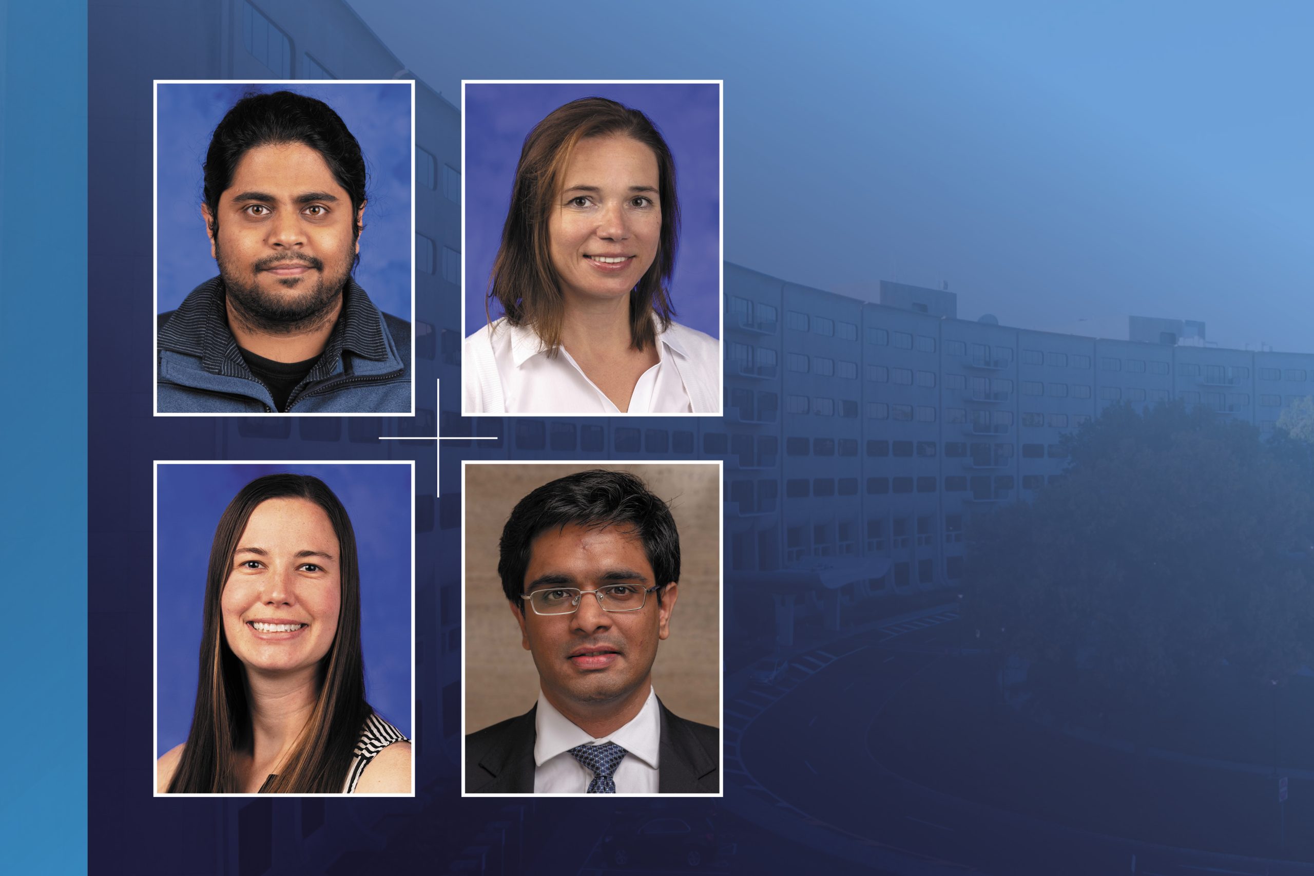 Four professional portraits are boxed over a background of the Crescent Building. On the top row from left are Navaneetha Bharathan and Marina Chulkina. On the bottom row from left are Stephanie Schell and Siddharth Sunilkumar.