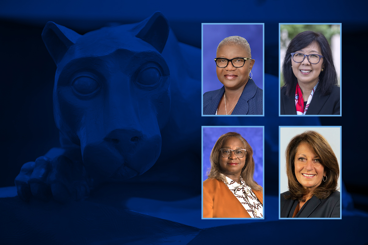 Professional portraits of four women are boxed over a background of the Nittany Lion statue. On top row from left are Deborah Addo, Dr. Karen Kim. On bottom row from left are Lynette Chappell-Williams and Deborah Rice-Johnson.