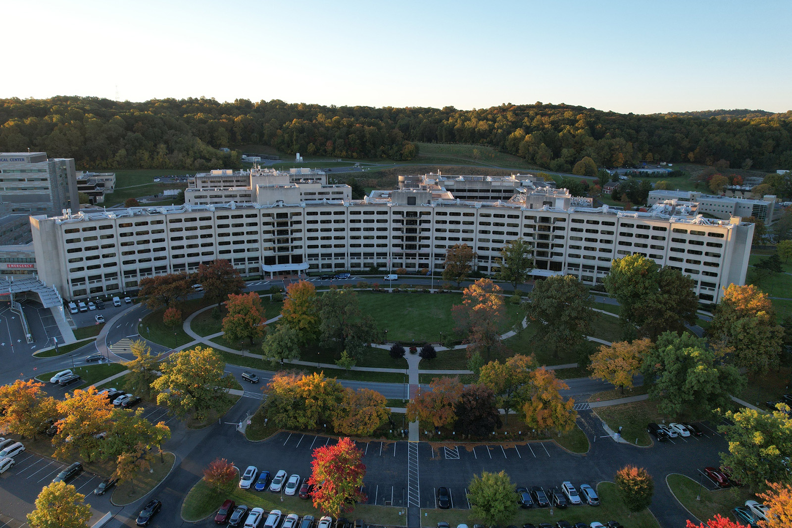 Penn State College of Medicine crescent building shown from above in an image taken by drone