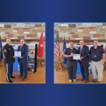 Left photo: Steven Stinsky, left, security manager at St. Joseph Medical Center and sergeant major in the U.S. Army Reserve, presents Penn State Health CEO Steve Massini with the Employer Support of the Guard and Reserve’s Above and Beyond Award. Stinsky is wearing a uniform. Massini is wearing a suit and tie. Behind them is a poster board display, an American flag, state flag and other flag. Right photo: From left, Duane Nieves, Steve Massini and Kevin Dalpiaz receive the Seven Seals Award for Life Lion LLC. Nieves is wearing a polo shirt, pants and a lanyard with a name badge. Massini is wearing a suit and tie, and Dalpiaz is wearing a polo shirt, khaki pants and a lanyard with a name badge.