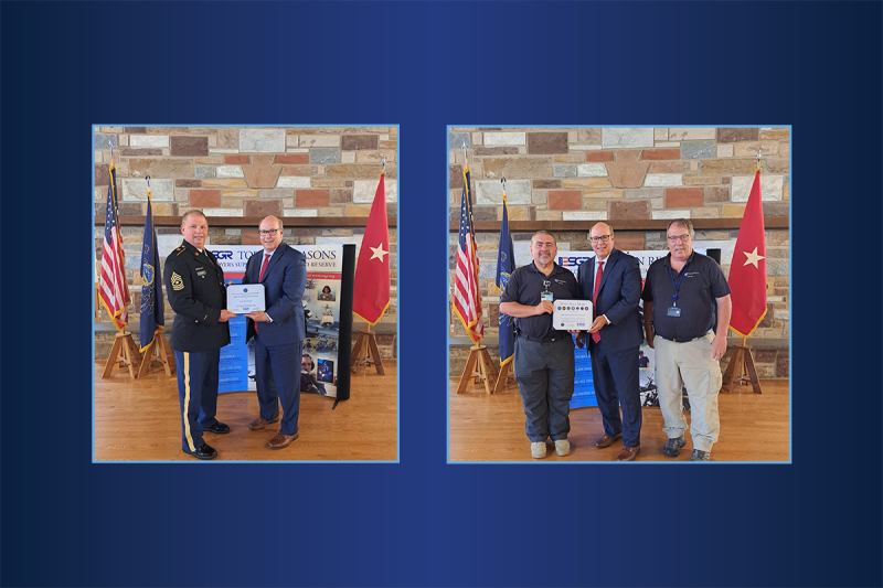 Left photo: Steven Stinsky, left, security manager at St. Joseph Medical Center and sergeant major in the U.S. Army Reserve, presents Penn State Health CEO Steve Massini with the Employer Support of the Guard and Reserve’s Above and Beyond Award. Stinsky is wearing a uniform. Massini is wearing a suit and tie. Behind them is a poster board display, an American flag, state flag and other flag. Right photo: From left, Duane Nieves, Steve Massini and Kevin Dalpiaz receive the Seven Seals Award for Life Lion LLC. Nieves is wearing a polo shirt, pants and a lanyard with a name badge. Massini is wearing a suit and tie, and Dalpiaz is wearing a polo shirt, khaki pants and a lanyard with a name badge.