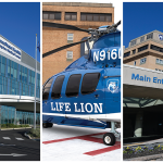 Three images in side-by-side columns - Left image: partial photo of hospital building with sign, "Penn State Health Hampden Medical Center" Center image: partial photo of helicopter with "Life Lion" and Penn State Nittany lion shield; Right image: partial image of hospital building with "Main Entrance" and "Penn State Health Holy Spirit Medical Center"