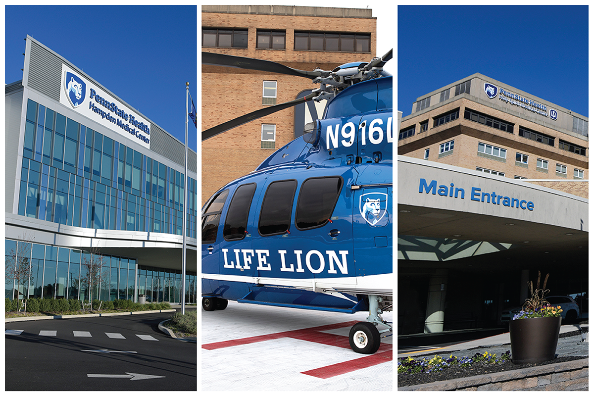 Three images in side-by-side columns - Left image: partial photo of hospital building with sign,