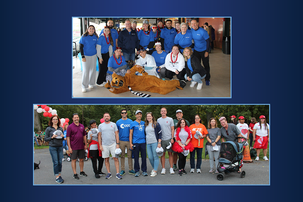 Top photo: A group of 17 stand together and smile at the Lancaster Heart Walk. Behind them are balloons and trees. The Penn State Nittany Lion mascot is lying in front of the group. Bottom photo: A group of 13 people stand in a row and smile at the Capital Region Heart Walk. Behind them are balloons and trees. A woman on the right has a baby in a stroller.