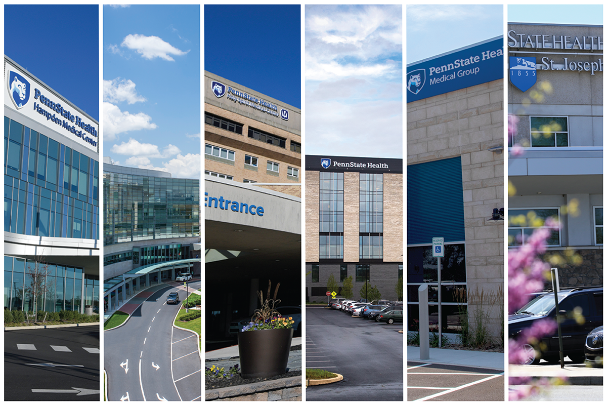 A collage shows the facades of several Penn State Health buildings.