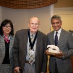 Karen Kim, MD, Penn State College of Medicine Dean (at left), stands with Cheston Berlin, MD, and Yatin M. Vyas, MD, Four Diamonds Endowed Chair of the Department of Pediatrics, for a group photo.