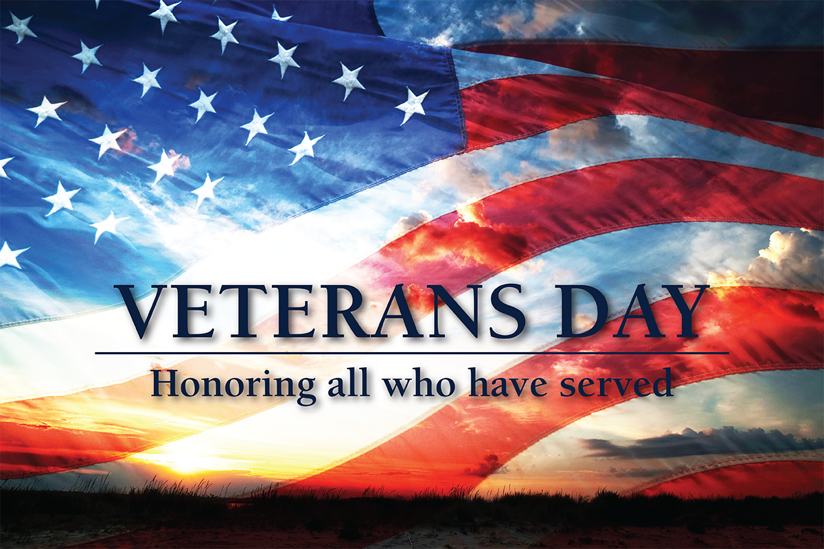 Image of an American flag waiving, overlaid on an image of the sky over a shoreline. The words,