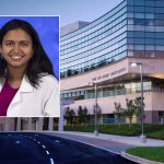 A head and shoulders professional portrait of Dr. Stuthi Perimbeti against a background image of Penn State Cancer Institute.