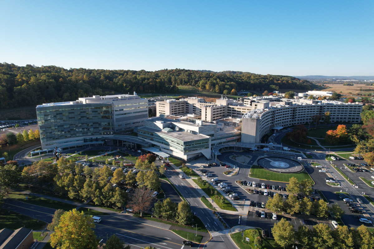 An aerial photo of the campus of Penn State Health Milton S. Hershey Medical Center