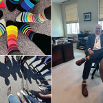 Three photos, one shows a closeup of rainbow colored socks, another shows a group of people's legs with all of them wearing the socks, and the other shows the socks are worn by Penn State Health CEO Steve Massini.