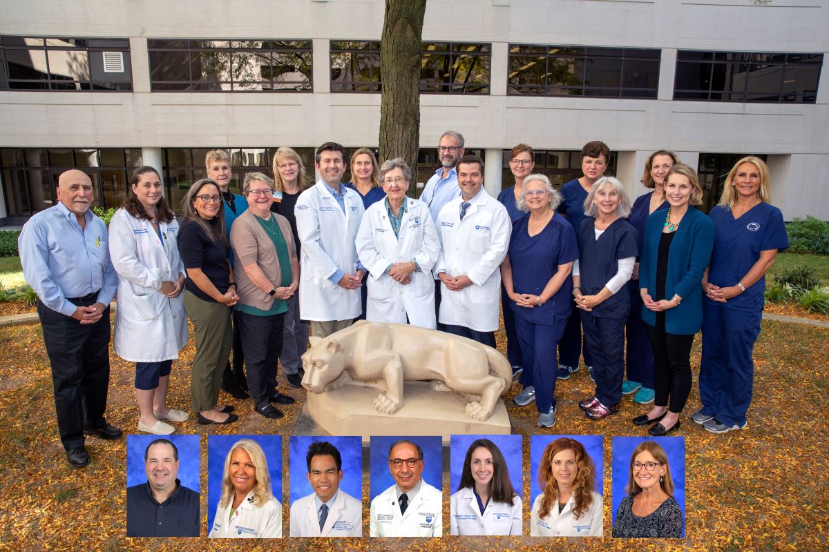 Group of people in business apparel, physician coats or scrubs stands in front of a building and a tree. A Penn State Nittany Lion statue is on the ground in front of the group. Portraits of seven of the individuals in the photo are overlaid across the bottom.