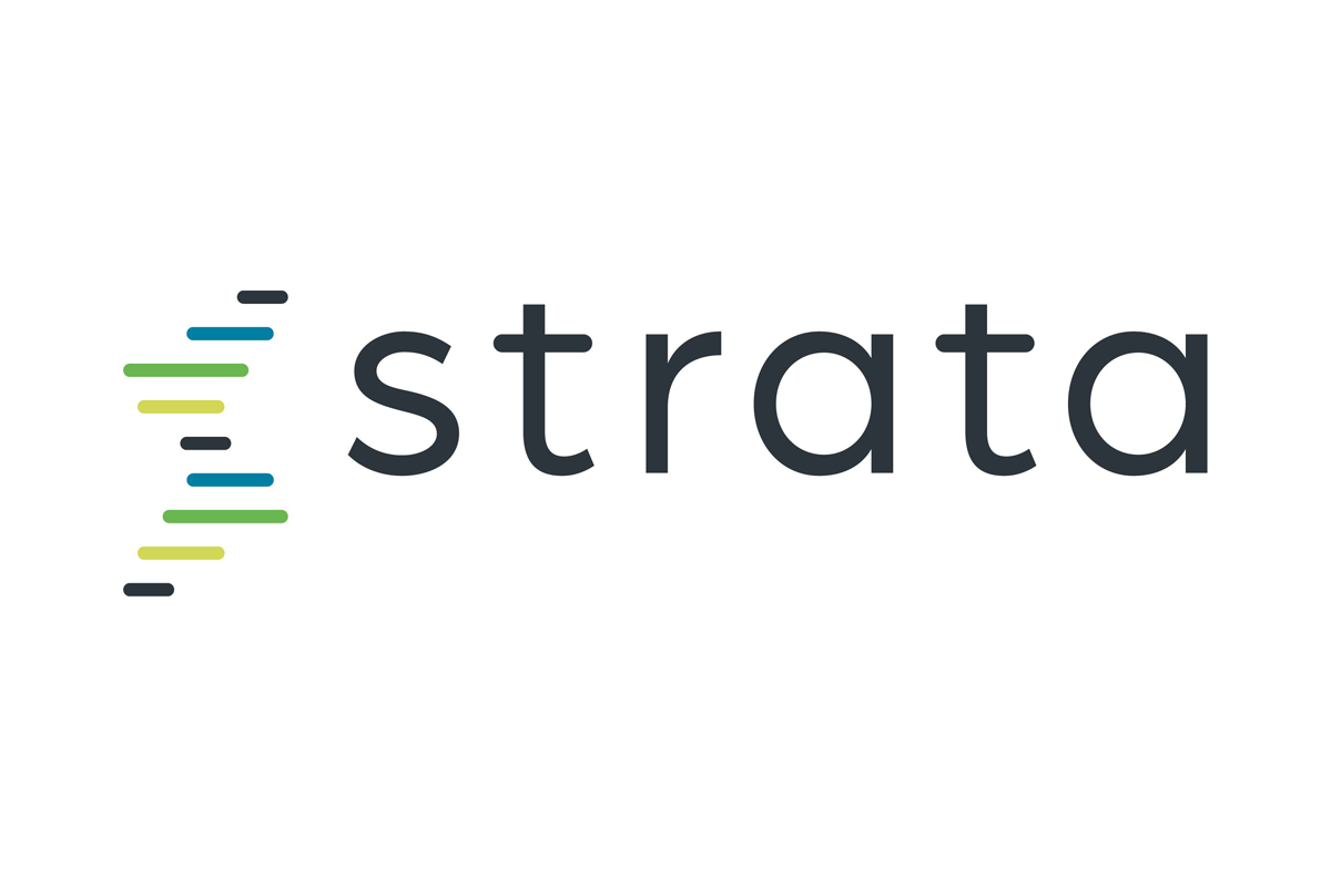 Strata logo on plain background. Logo: staggered horizontal lines arranged in a pattern with the word 
