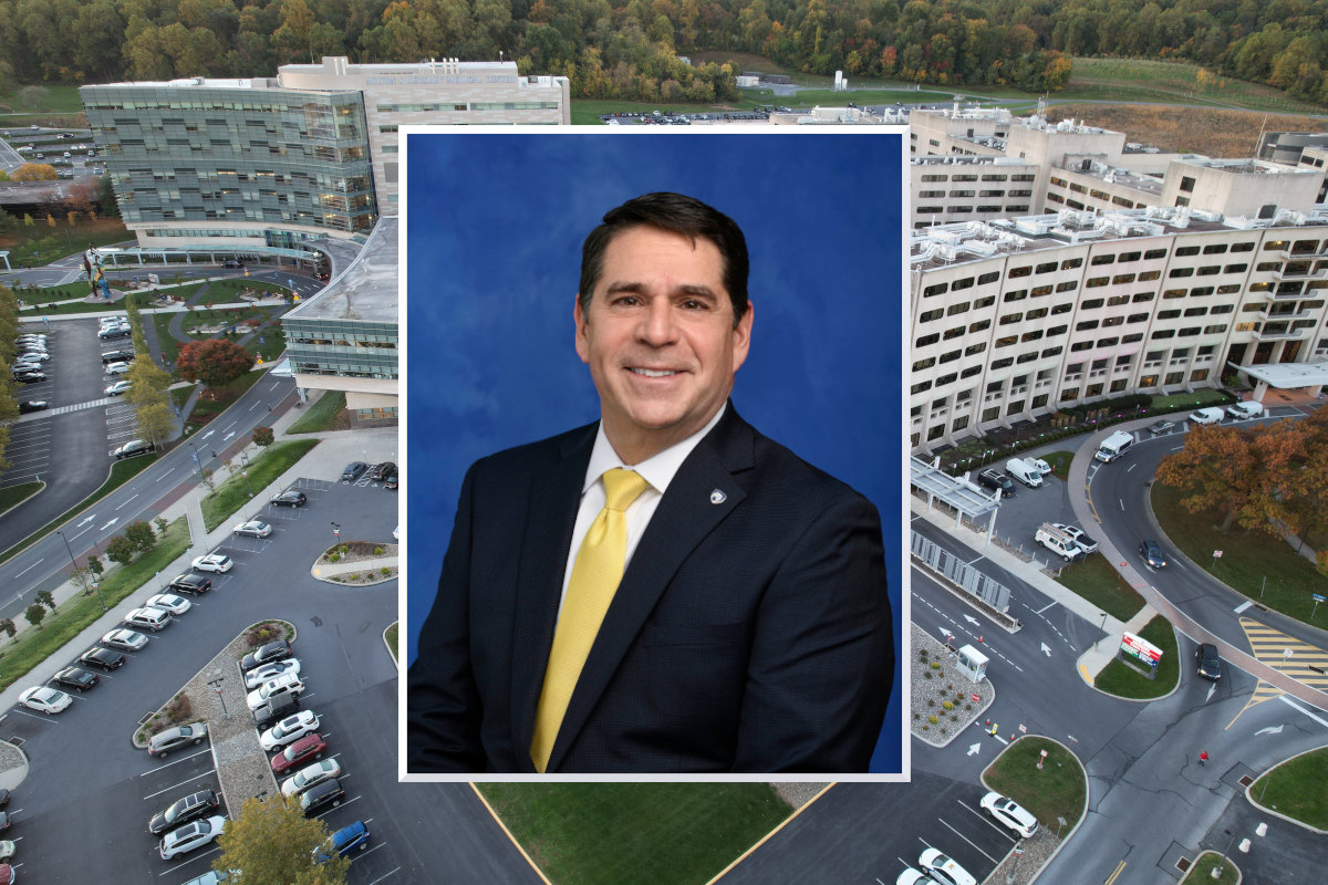 A professional headshot of Don McKenna is placed over an aerial photo of the Milton S. Hershey Medical Center.
