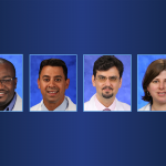 Four framed portraits of physicians on a gradient background.