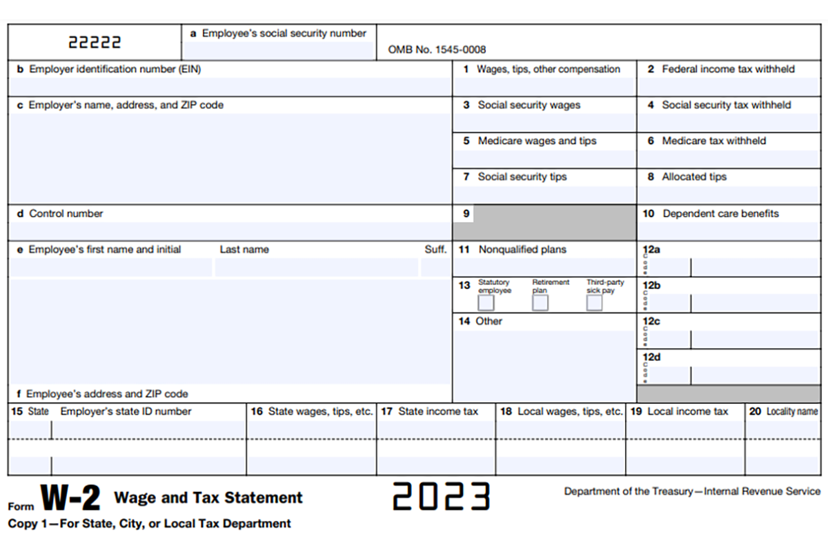A blank W-2 tax form