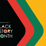 “February Black History Month” on background of curved color blocks.