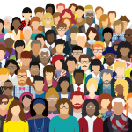 A crowd of illustrated diverse people on a plain background.