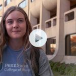 Lydia Smeltz with the College of Medicine crescent in the background