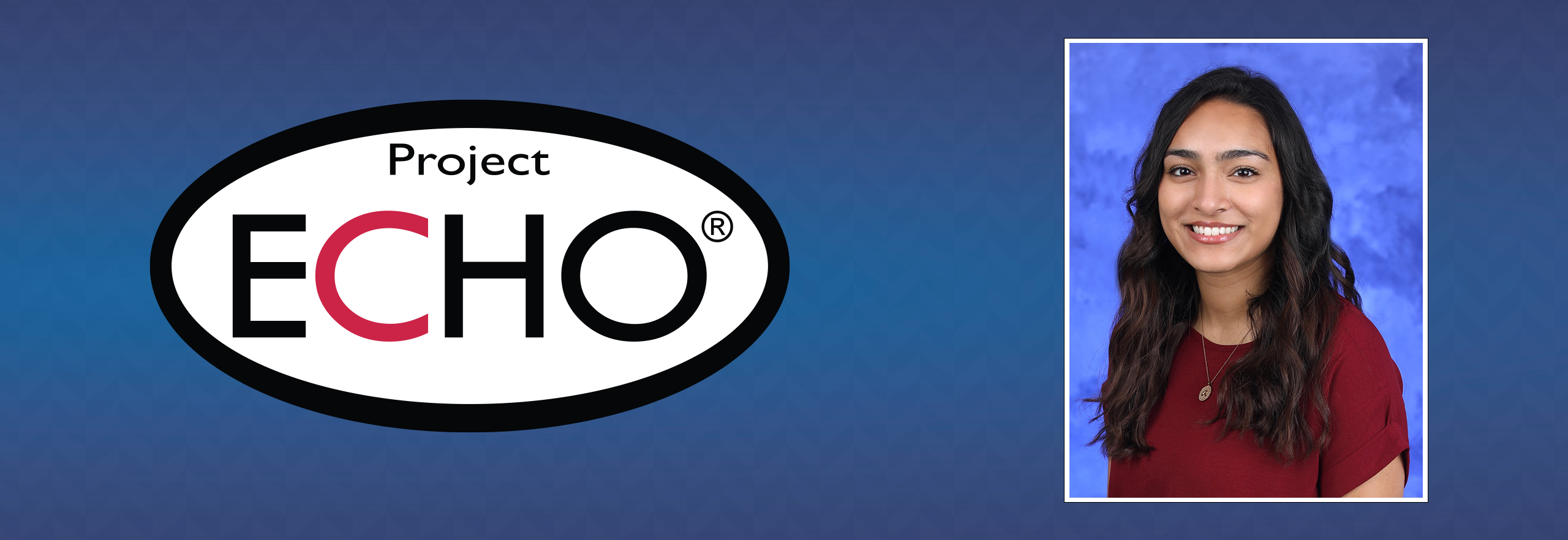 Project ECHO logo with a professional portrait of Ashmita Grewal