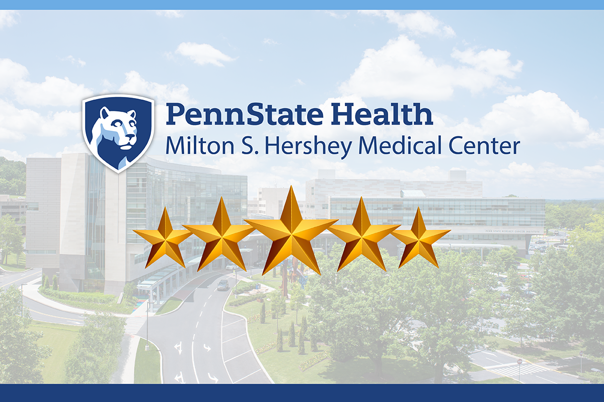 The Penn State Health Milton S. Hershey Medical Center logo is centered, with five stars below, with a photo of the medical center in the background.