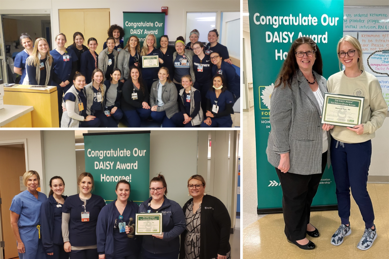 A collage of photos features: Two women stand in front of a sign that reads, Congratulate Our DAISY Award. Honoree. The woman on the right holds a certificate. Group of male and female nurses and nurse leaders wearing scrubs, stand around a female nurse holding a certificate in a hospital hallway. The sign behind them reads, Congratulate Our DAISY Award Honoree. Group of female nurses and nurse leaders stand around a female nurse holding a certificate in a hospital hallway. The sign behind them reads, Congratulate Our DAISY Award Honoree.