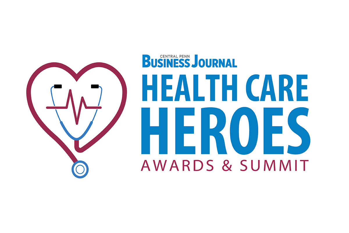 Illustration of a stethoscope in the shape of a heart with an EKG line in the center. To the right it says, “Central Penn Business Journal Health Care Heroes Awards & Summit.”