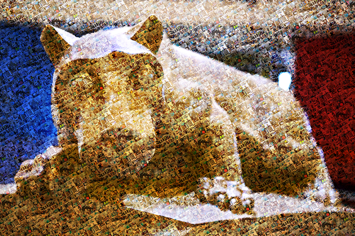 The Nittany Lion perches on its pedestal. The mosaic-style image is composed of individual photographs of Penn State Health employees.