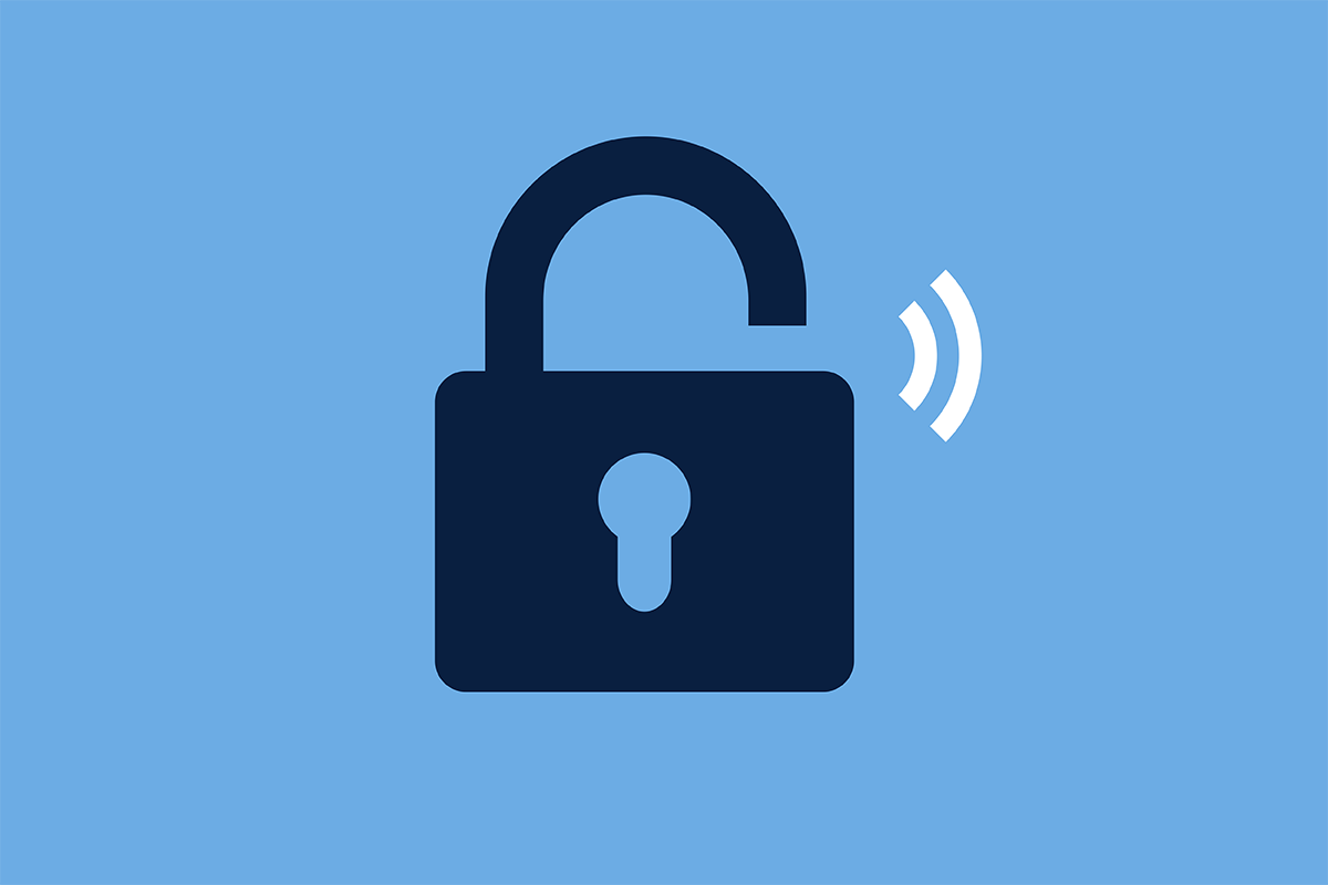 Illustration of a lock that is partially opened. There are sound marks beside it.