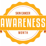 Round seal and ribbon graphic that says, “Skin Cancer Awareness Month”