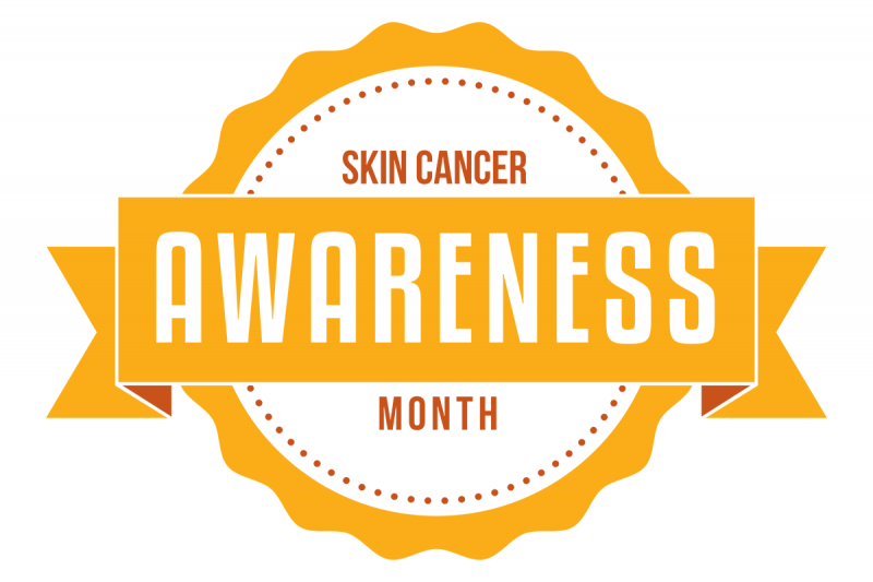 Round seal and ribbon graphic that says, “Skin Cancer Awareness Month”