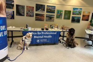 Two dogs on leashes sit on either end in front of a table with an Office for Professional Mental Health banner and various items on it.