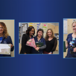 Three photos side-by-side on a gradient background. The left photo shows a lady in scrubs smiling and holding an award certificate and statue. The middle photo shows three ladies – the lady in the middle is wearing scrubs and holds flowers and an award certificate, the ladies on her left and right are wearing business clothing. The right photo shows a lady in scrubs holding an award statue and certificate.