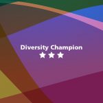 The image displays the Inclusion Academy Champion signature item that champions will be able to include in their email signature. The rectangular insignia includes three stars and the words Diversity Champion on it.