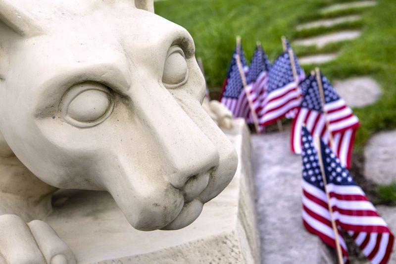 The head of a Nittany Lion statue with small American flags stuck in the ground beside it.