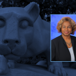 Portrait of Lynette Chappell Williams on a background of a Nittany Lion statue.