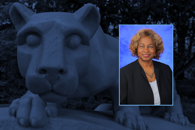 Portrait of Lynette Chappell Williams on a background of a Nittany Lion statue.