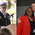 Two photos. Left: A woman in a formal military uniform stands a podium speaking. Right: A lady and a gentleman in business suits pose together, smiling.