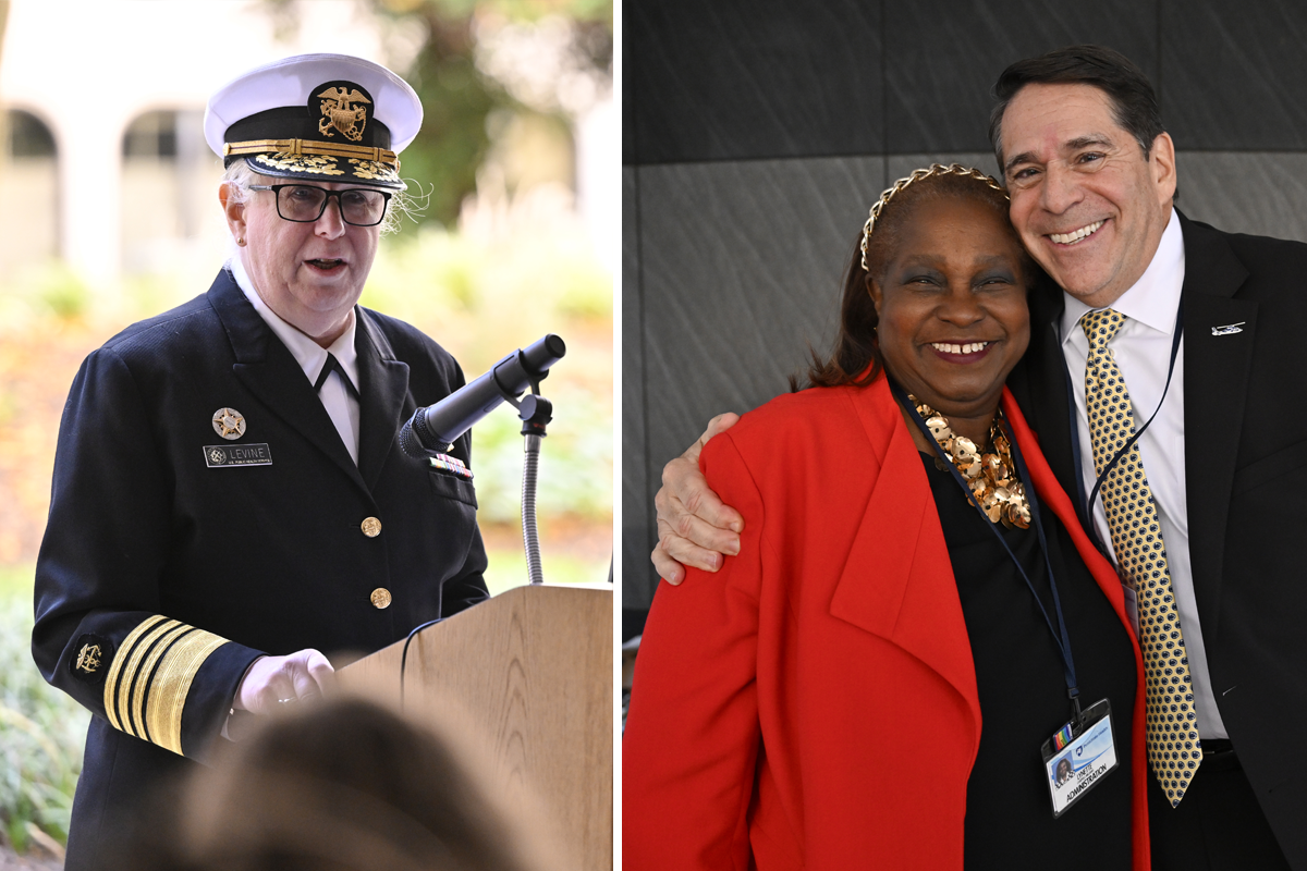 Two photos. Left: A woman in a formal military uniform stands a podium speaking. Right: A lady and a gentleman in business suits pose together, smiling.