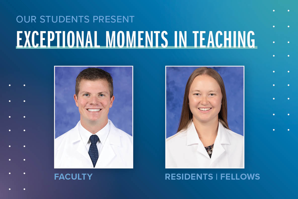 Portraits of Jason Aynardi, MD (faculty), and Alicia Greene, DO (residents/fellows), are shown next to the words Exceptional Moments in Teaching.