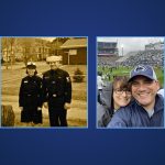 The photograph is a combined image of Mark and Julie Chesney at two different times. In the left side, taken in 1997, they are dressed in their hospital corpsman Navy uniforms standing in front of several military buildings. On the right side they are dressed in Penn State University windbreaker jackets attending a football game. Mark is wearing a Penn State cap. In the background is a large football stadium with a crowd in the seats.