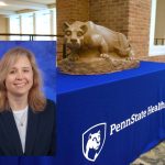 A professional headshot of Paula Tinch, superimposed over a larger photo of a table with a Penn State Nittany Lion statue on it.