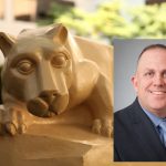 A headshot of Sam Wetherill, wearing a suit and tie, superimposed over a larger photo of a Penn State Nittany Lion statue.