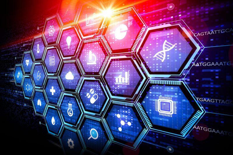 A grid of hexagons displays different icons in their centers, including a stethoscope, microscope and strand of DNA.