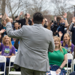 Don McKenna addresses a crowd the 2024 Donate Life flag-raising ceremony at Penn State Health Milton S. Hershey Medical Center.