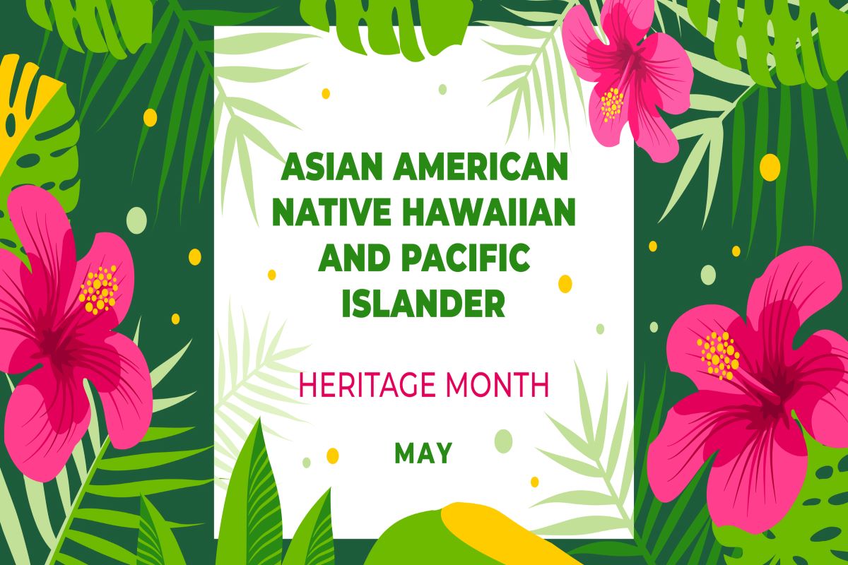 Asian american, native hawaiian and pacific islander heritage month. Illustration with text and hibiscus.