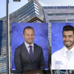 Composite image showing the exterior of Penn State Health Milton S. Hershey Medical Center with a Penn State Health banner on the left. Overlaid are professional portraits of Sean Mahase, MD, and Alireza Mansouri, MD.